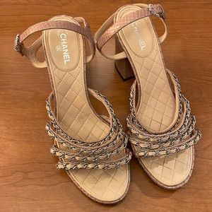 Authentic Chanel Snakeskin Block Heel Chain Sandal